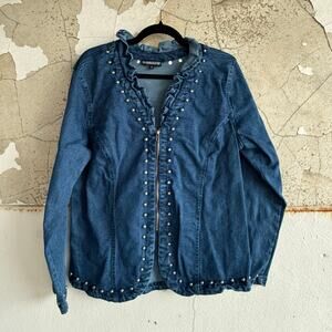 Studded Denim Jacket Ruggle Trim Zip Front Blue Jean Boho Western Outerwear XL